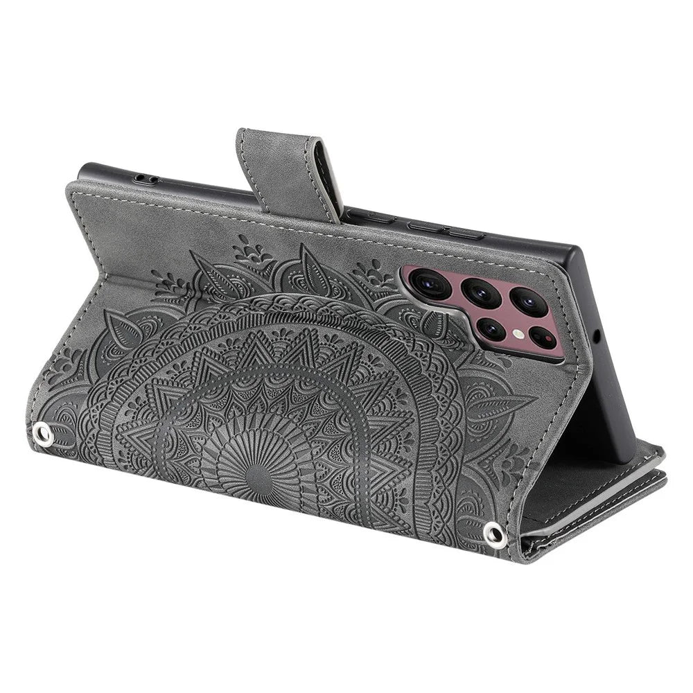 Zipper Pocket Phone Case for Samsung Galaxy S23 Ultra, Mandala Flower Imprinted PU Leather Stand Cover Multiple Card Slots Wallet - Grey - 4