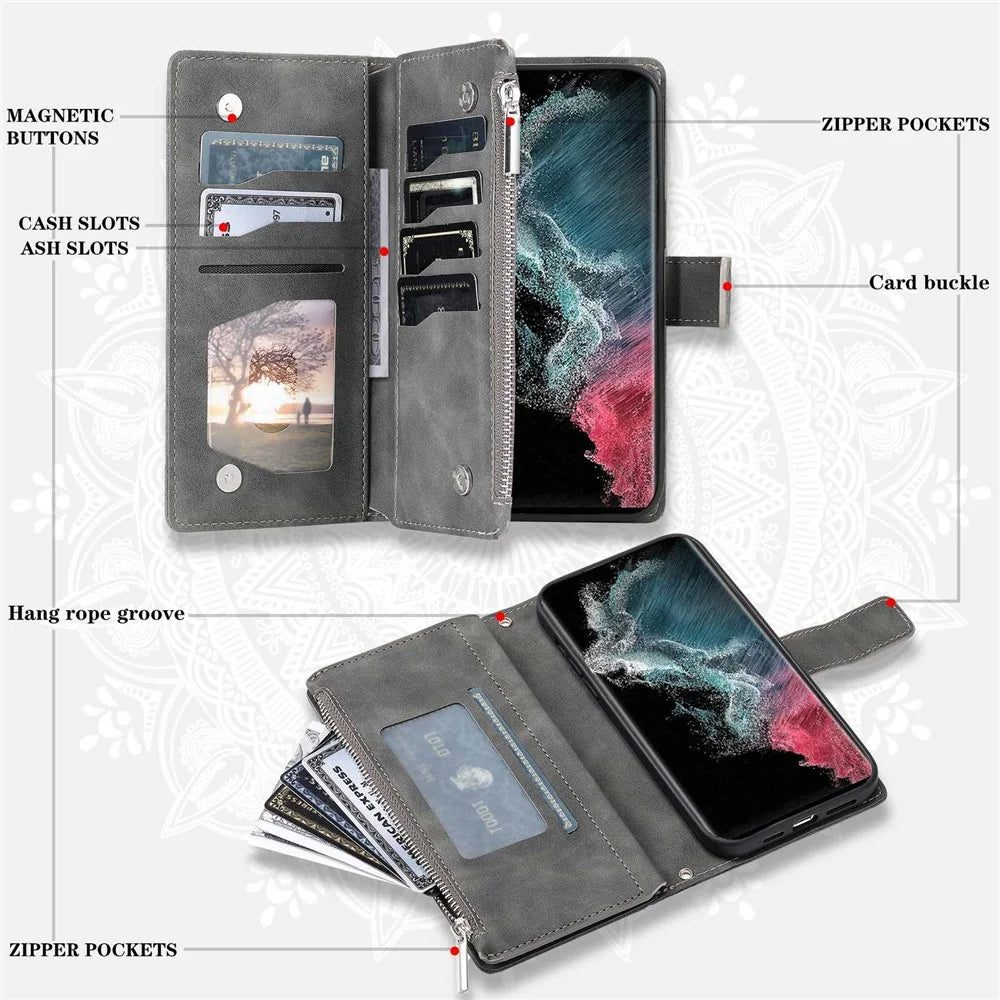 Zipper Pocket Phone Case for Samsung Galaxy S23 Ultra, Mandala Flower Imprinted PU Leather Stand Cover Multiple Card Slots Wallet - Grey - 5