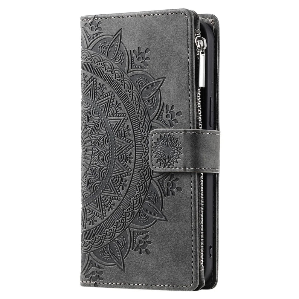 Zipper Pocket Phone Case for Samsung Galaxy S23 Ultra, Mandala Flower Imprinted PU Leather Stand Cover Multiple Card Slots Wallet - Grey - 7