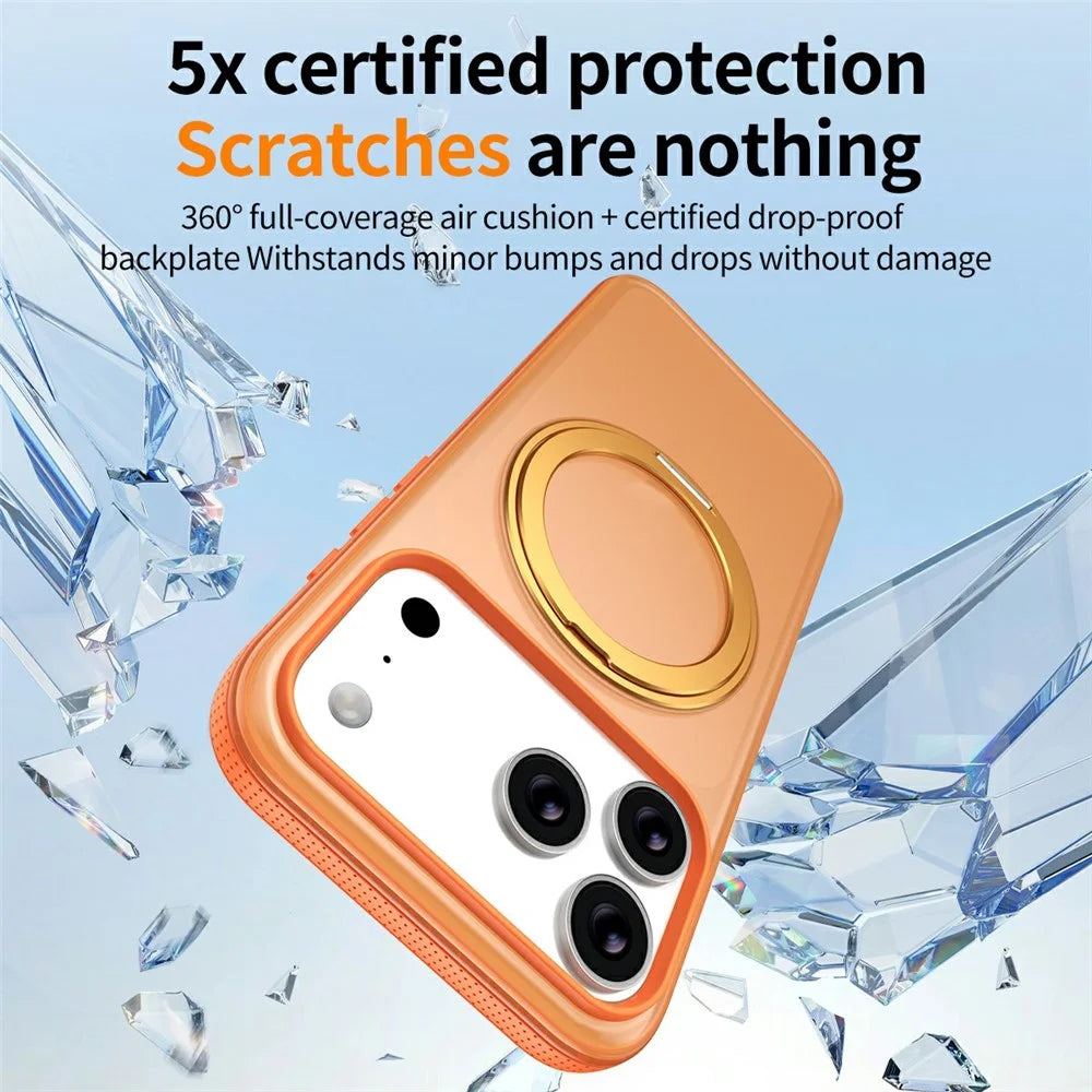 For iPhone 17 Pro Max Magnetic Case  Compatible with MagSafe  360° Rotatable TPU PC Phone Cover with Tempered Glass Film - Titanium Orange - 6