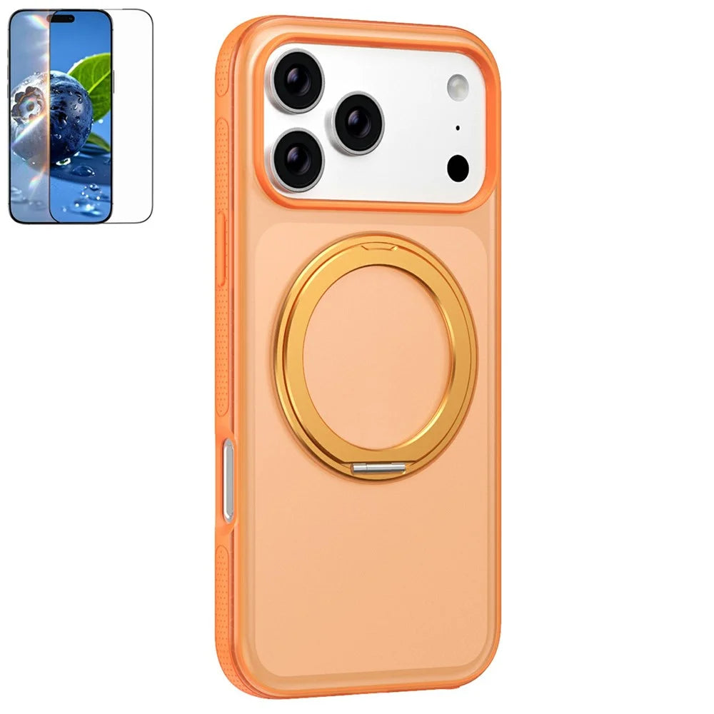 For iPhone 17 Pro Magnetic Case  Compatible with MagSafe  360° Rotatable TPU PC Phone Cover with Tempered Glass Film - Titanium Orange - 1