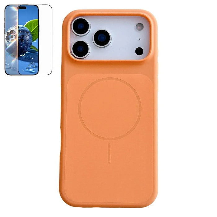 For iPhone 17 Pro Magnetic Case Liquid Silicone Shockproof Phone Cover with Tempered Glass Compatible with MagSafe - Orange - 1