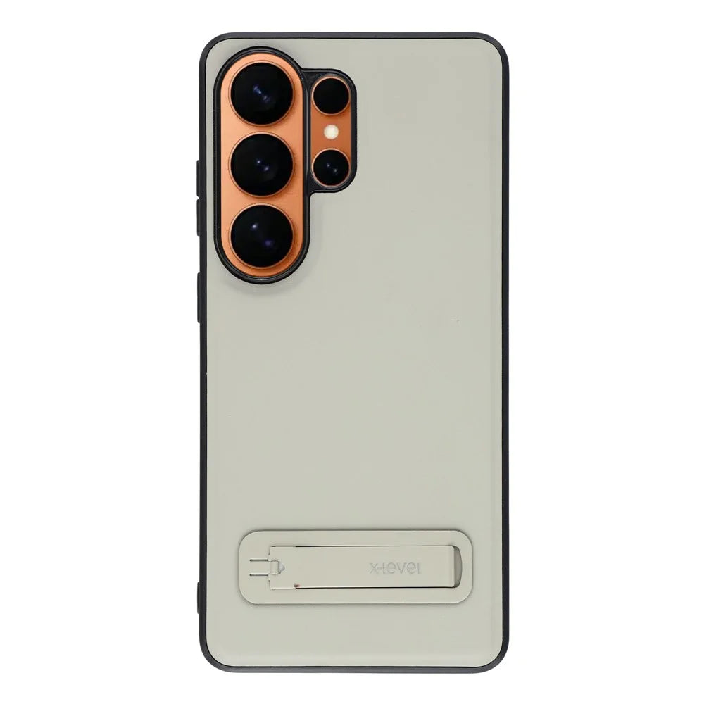 X-LEVEL For Samsung Galaxy S26 Ultra Case Leather Coated PC TPU Phone Back Cover with Metal Kickstand - Grey - 1