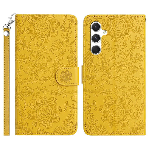 For Samsung Galaxy S26+ Case Flower Imprint Leather Flip Wallet Phone Cover with Wrist Strap - Yellow - 1