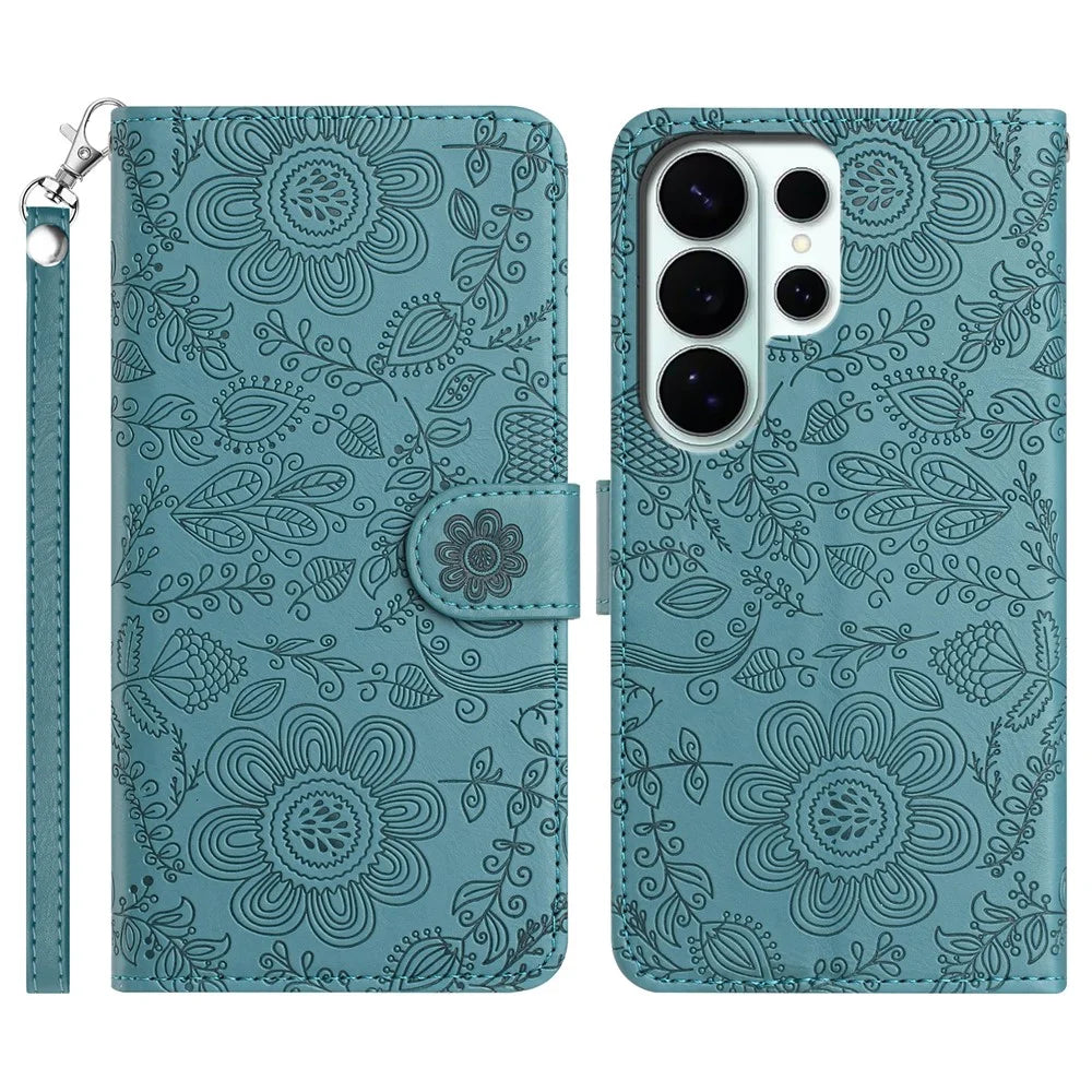 For Samsung Galaxy S26 Ultra Case Flower Imprint Leather Flip Wallet Phone Cover with Wrist Strap - Blackish Green - 1