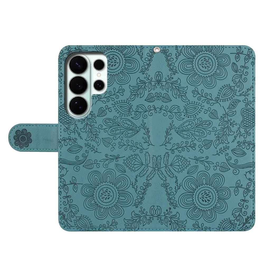 For Samsung Galaxy S26 Ultra Case Flower Imprint Leather Flip Wallet Phone Cover with Wrist Strap - Blackish Green - 4