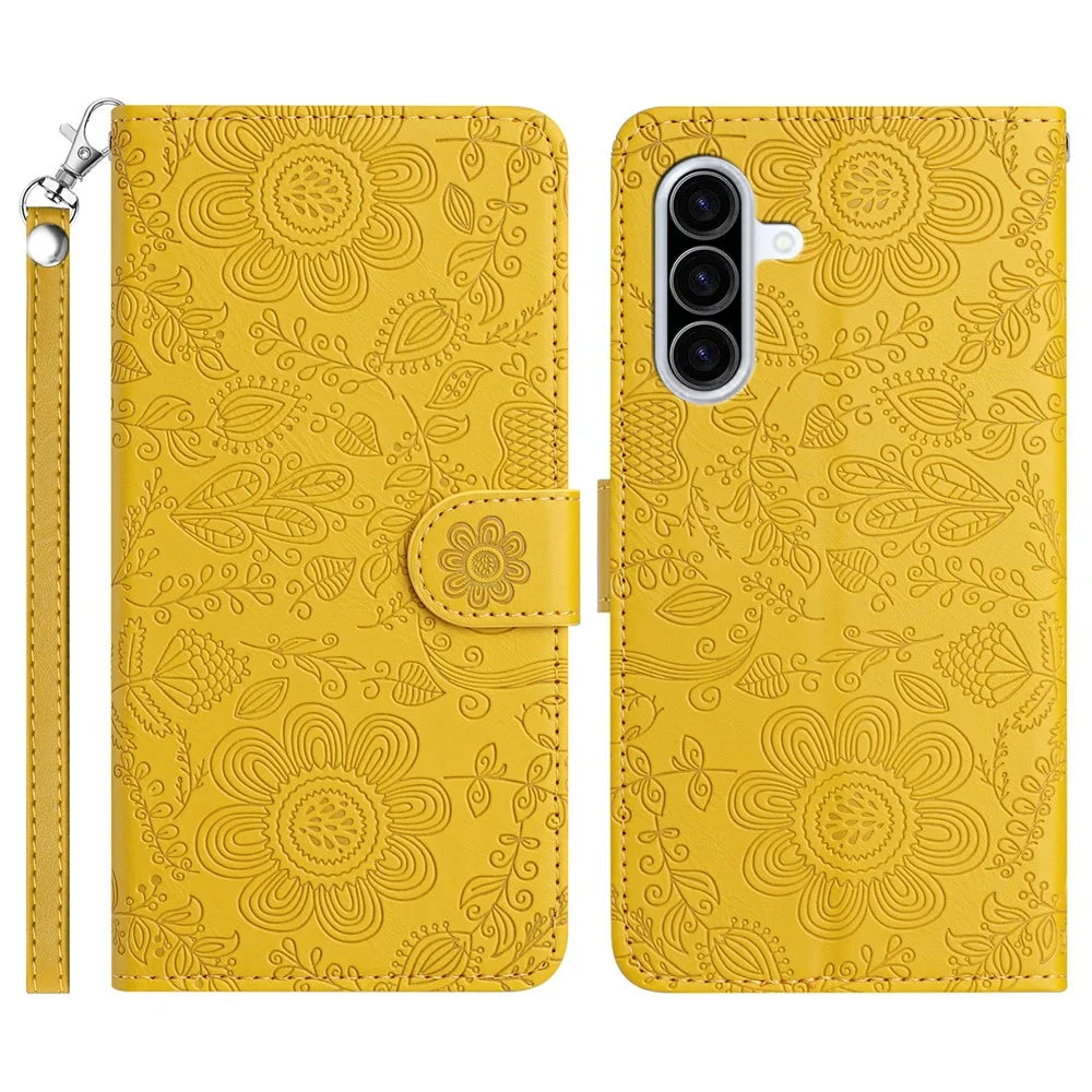 For Samsung Galaxy A37 5G Case Flower Imprint Leather Flip Wallet Phone Cover with Wrist Strap - Yellow - 1