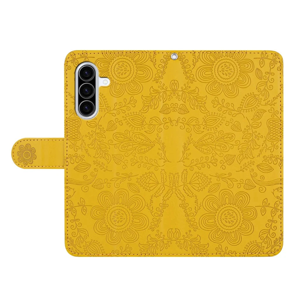 For Samsung Galaxy A37 5G Case Flower Imprint Leather Flip Wallet Phone Cover with Wrist Strap - Yellow - 4