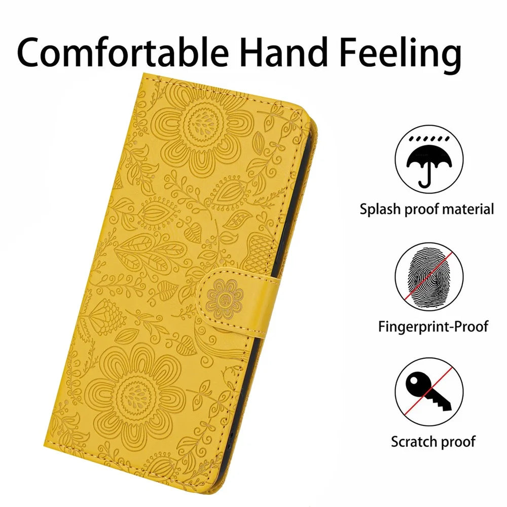 For Samsung Galaxy A37 5G Case Flower Imprint Leather Flip Wallet Phone Cover with Wrist Strap - Yellow - 6