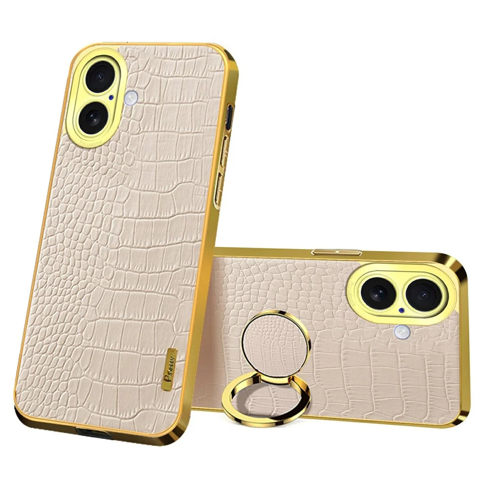 For iPhone 17 Case TPU + PU Kickstand Phone Cover Crocodile Texture Electroplating - White - 1