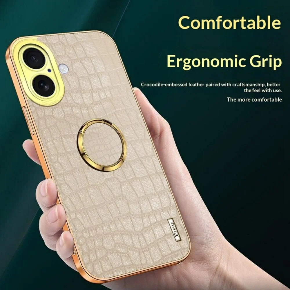 For iPhone 17 Case TPU + PU Kickstand Phone Cover Crocodile Texture Electroplating - White - 3