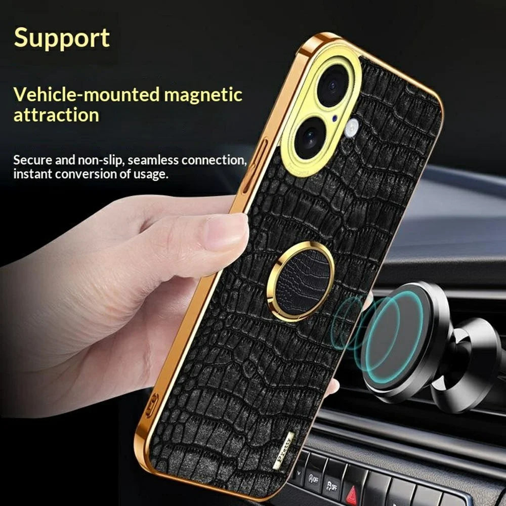 For iPhone 17 Case TPU + PU Kickstand Phone Cover Crocodile Texture Electroplating - White - 4