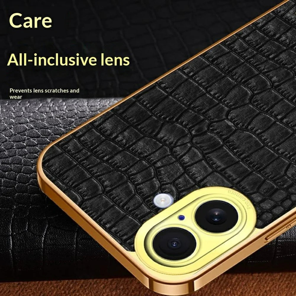 For iPhone 17 Case TPU + PU Kickstand Phone Cover Crocodile Texture Electroplating - White - 6