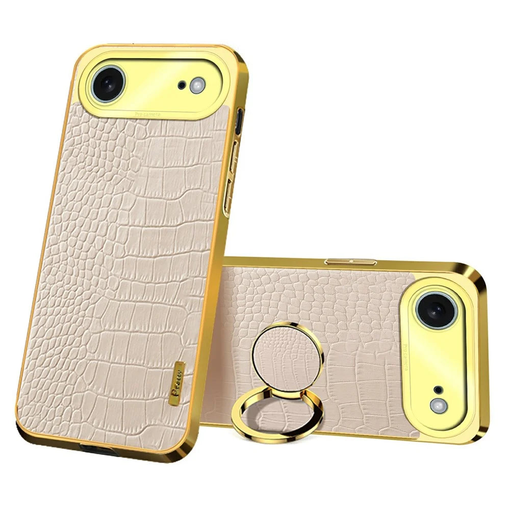 For iPhone Air Case TPU + PU Kickstand Phone Cover Crocodile Texture Electroplating - White - 1