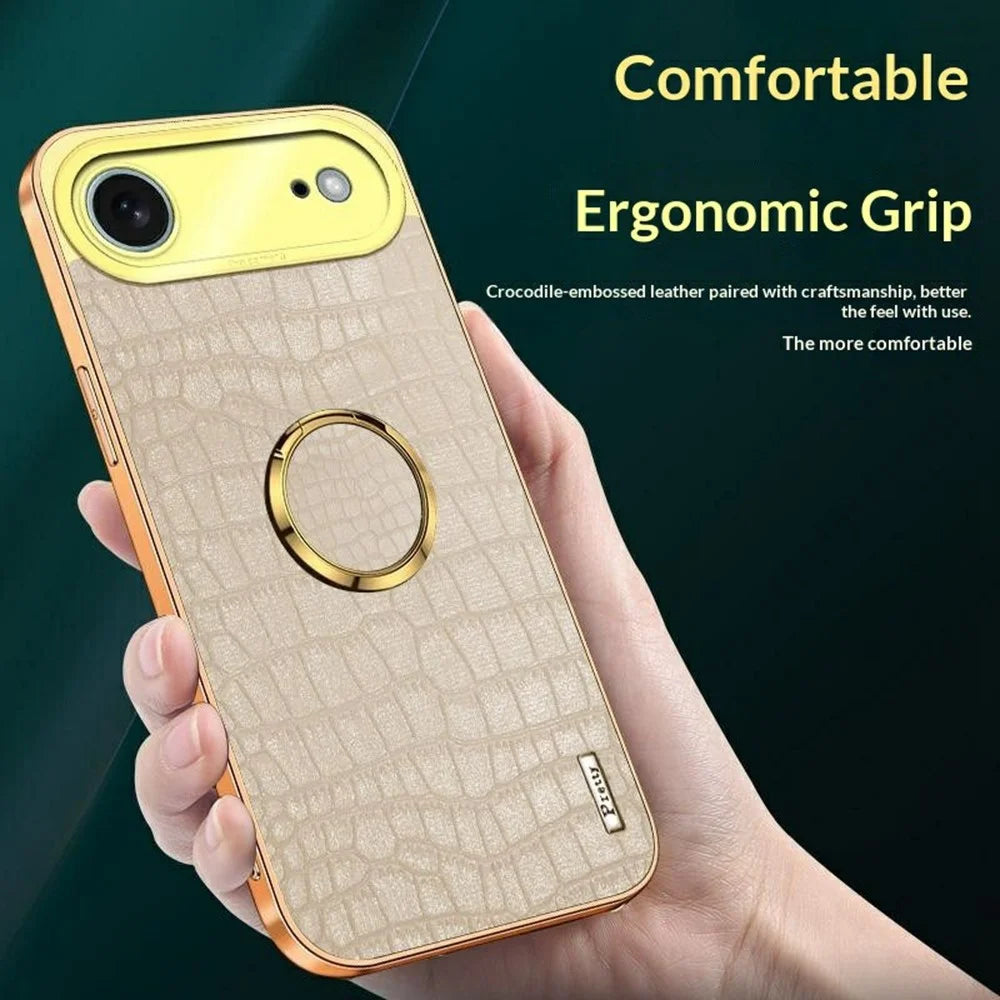 For iPhone Air Case TPU + PU Kickstand Phone Cover Crocodile Texture Electroplating - White - 3