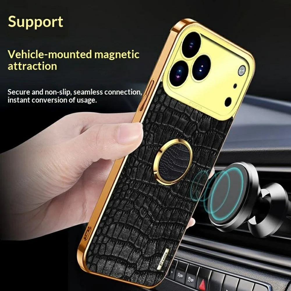 For iPhone 17 Pro Case TPU + PU Kickstand Phone Cover Crocodile Texture Electroplating - White - 4