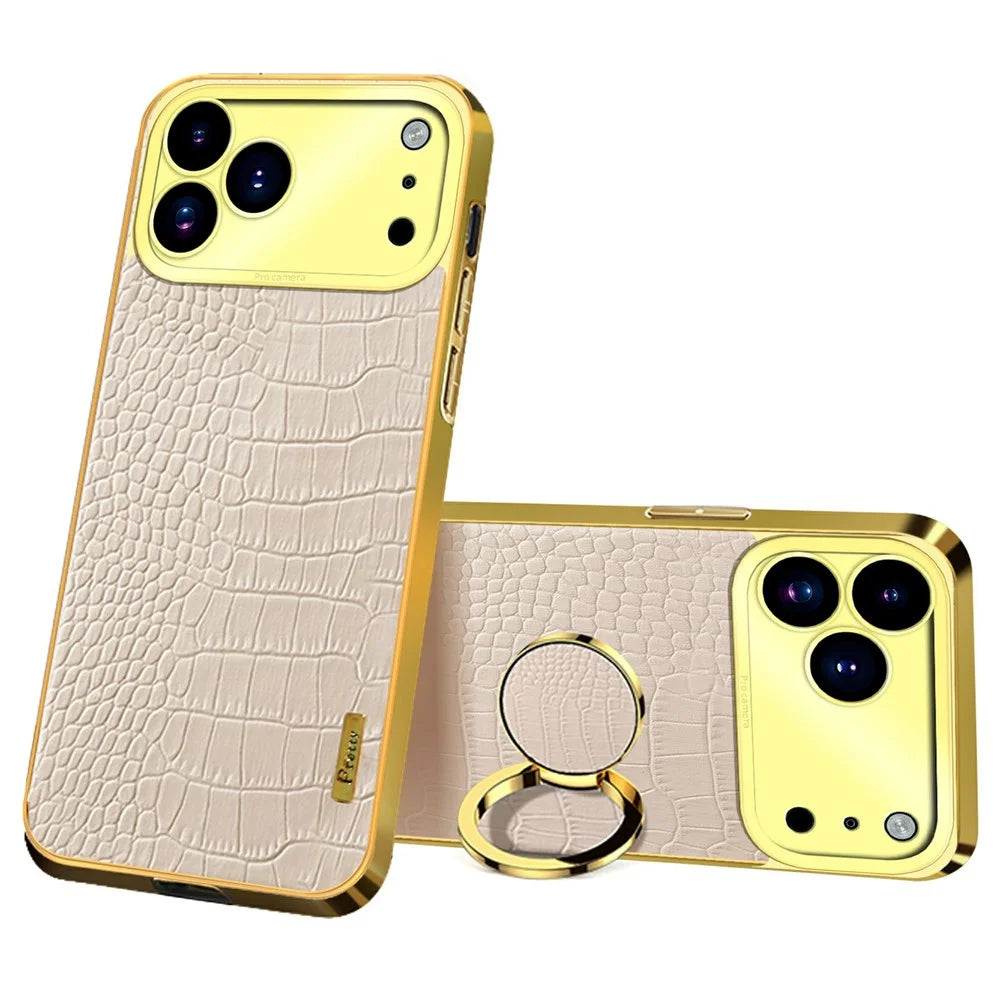 For iPhone 17 Pro Max Case TPU + PU Kickstand Phone Cover Crocodile Texture Electroplating - White - 1