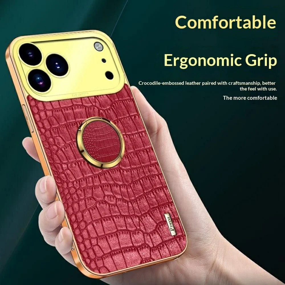 For iPhone 17 Pro Max Case TPU + PU Kickstand Phone Cover Crocodile Texture Electroplating - White - 3
