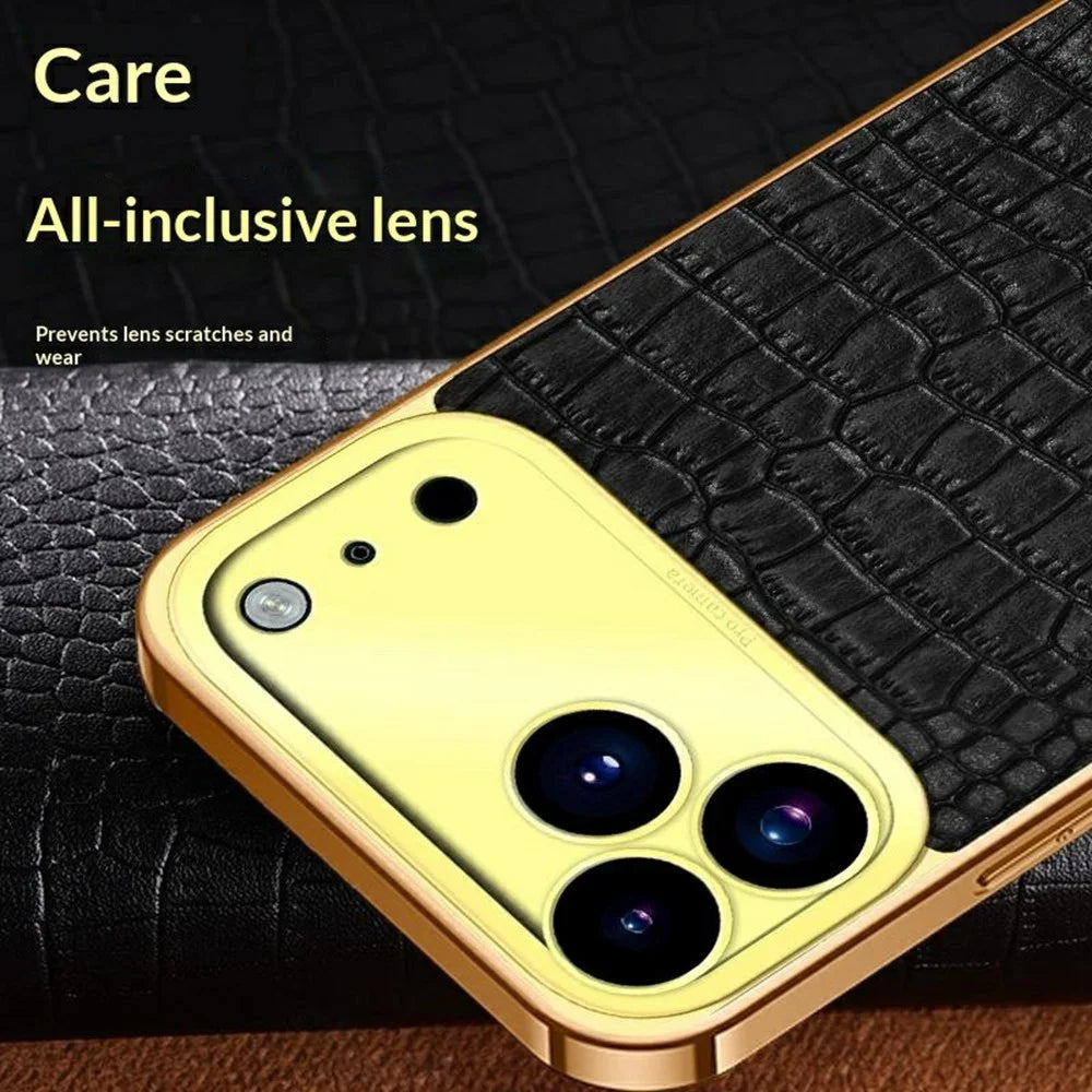 For iPhone 17 Pro Max Case TPU + PU Kickstand Phone Cover Crocodile Texture Electroplating - White - 6