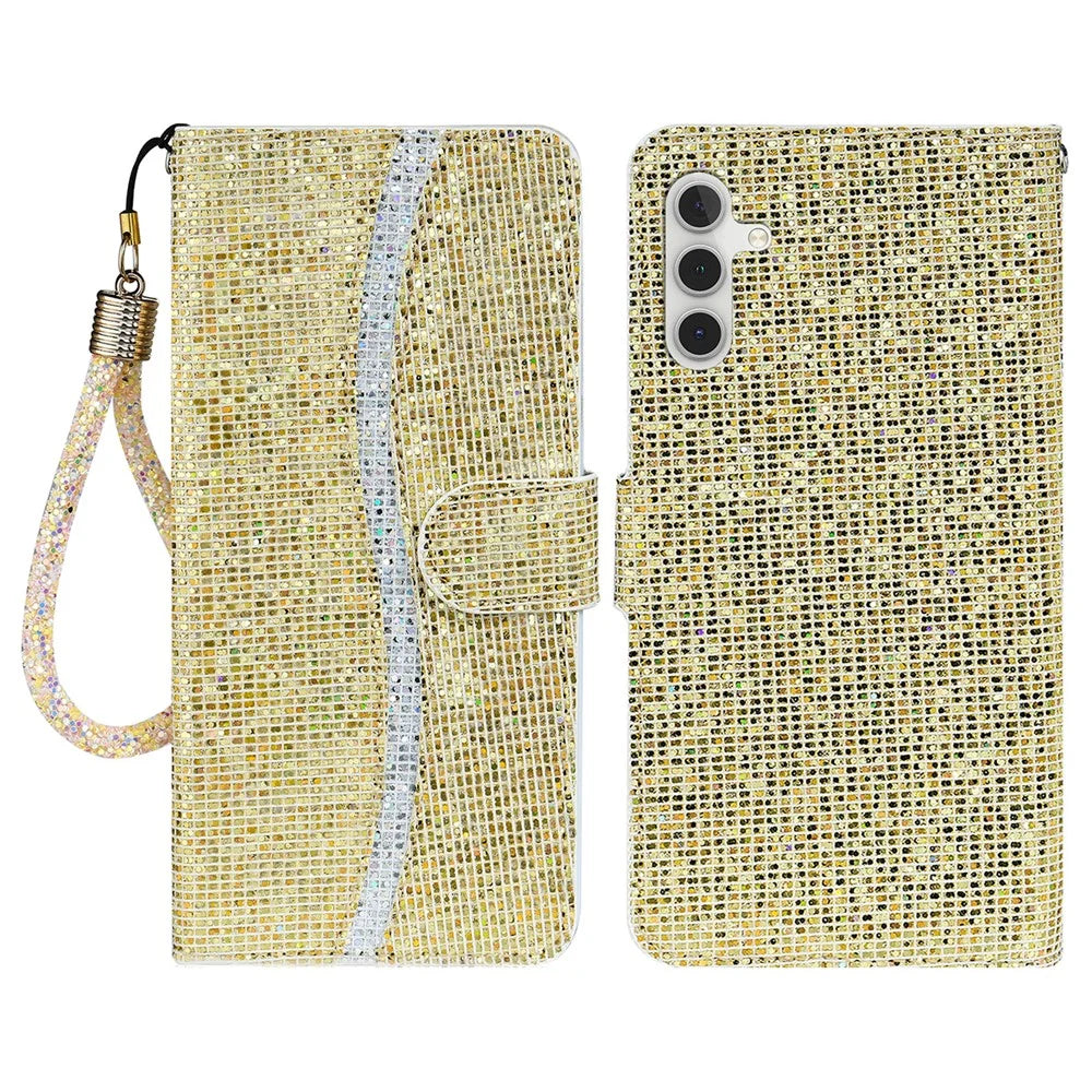 For Samsung Galaxy S26 Case PU Leather Wallet Card Slots Glitter Phone Cover - Gold - 1