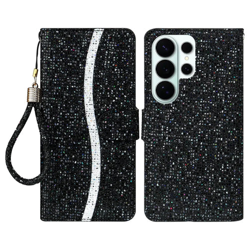 For Samsung Galaxy S26 Ultra Case PU Leather Wallet Card Slots Glitter Phone Cover - Black - 1