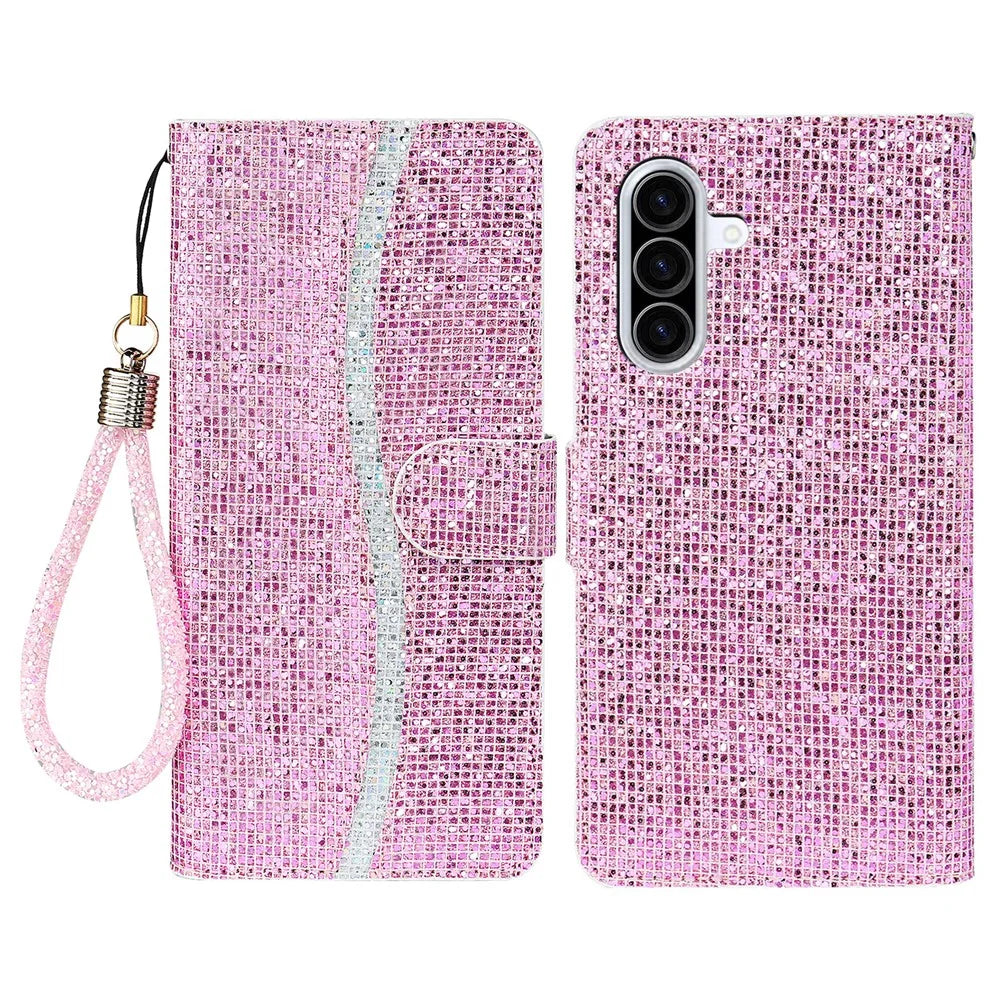 For Samsung Galaxy A37 5G Case PU Leather Wallet Card Slots Glitter Phone Cover - Pink - 1
