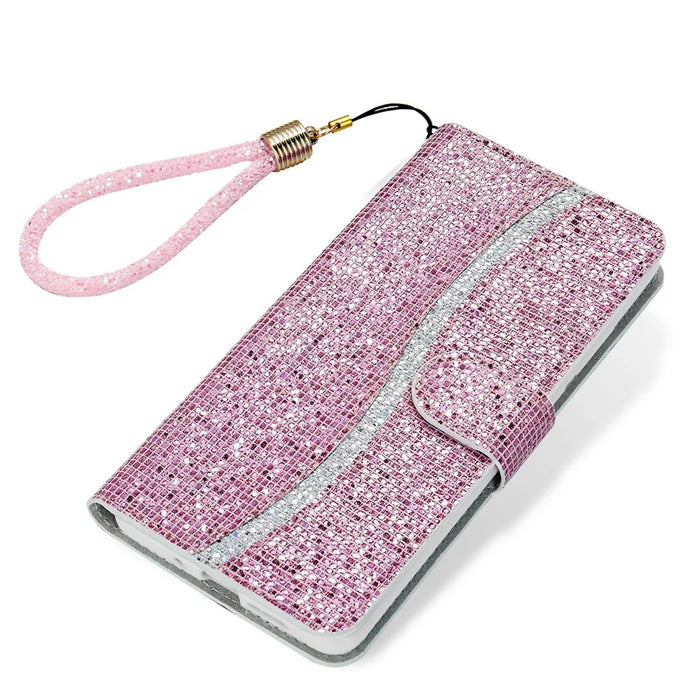 For Samsung Galaxy A37 5G Case PU Leather Wallet Card Slots Glitter Phone Cover - Pink - 7