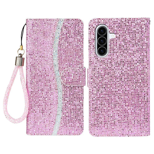 For Samsung Galaxy A57 5G Case PU Leather Wallet Card Slots Glitter Phone Cover - Pink - 1