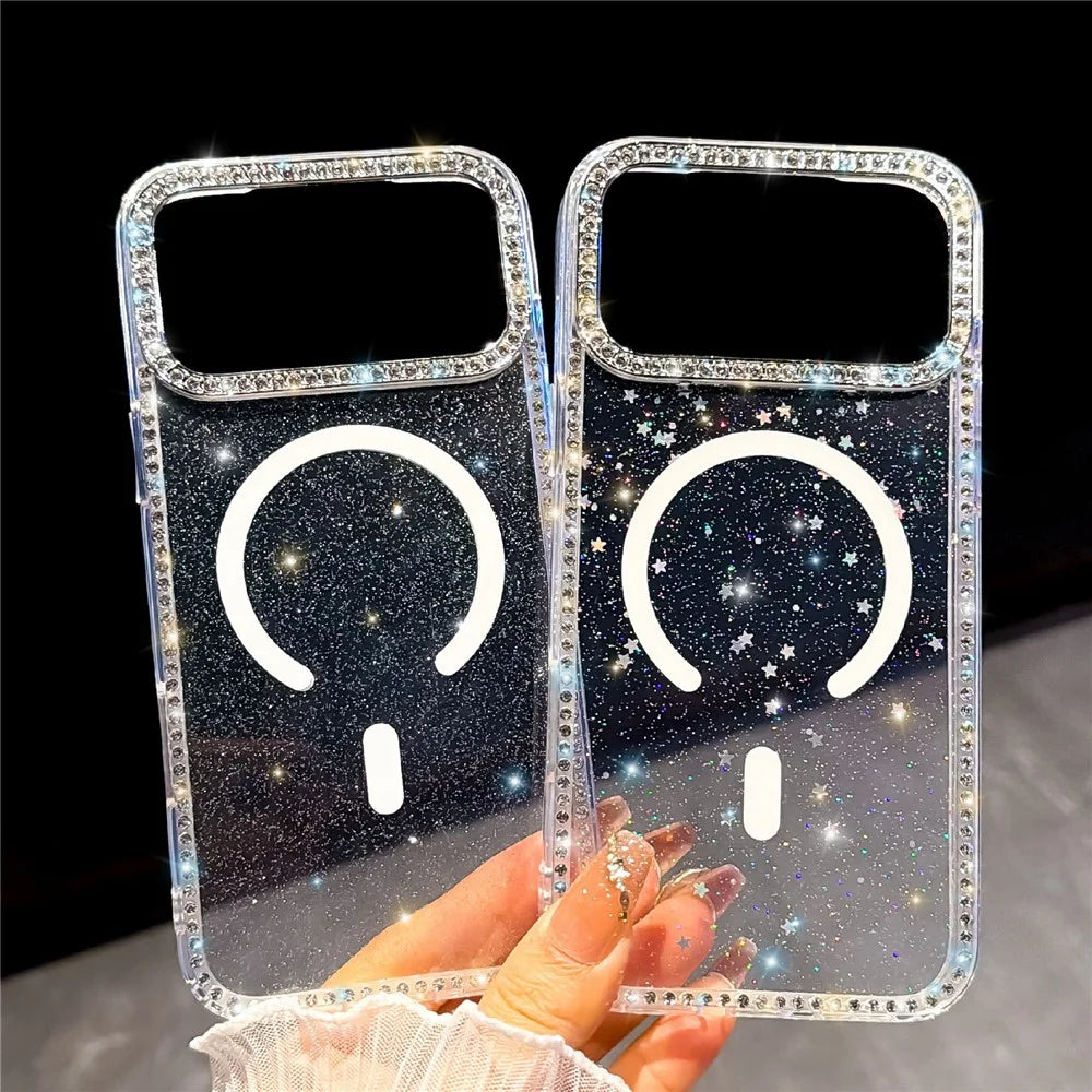 For iPhone 18 Pro Max / 17 Pro Max Compatible with MagSafe Rhinestone Edge Glitter Back TPU + PC IMD Phone Cover - Glitter Transparent - 6