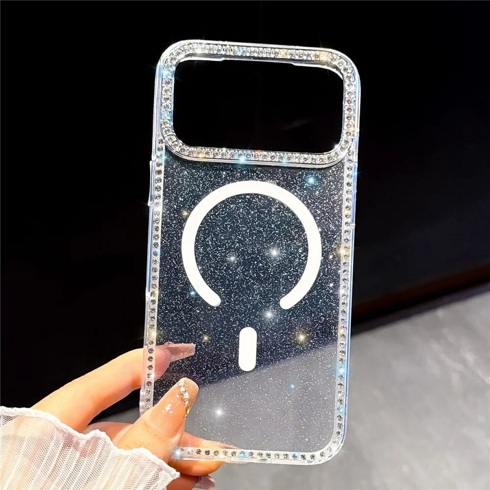 For iPhone 18 Pro / 17 Pro Compatible with MagSafe Rhinestone Edge Glitter Back TPU + PC IMD Phone Cover - Glitter Transparent - 1