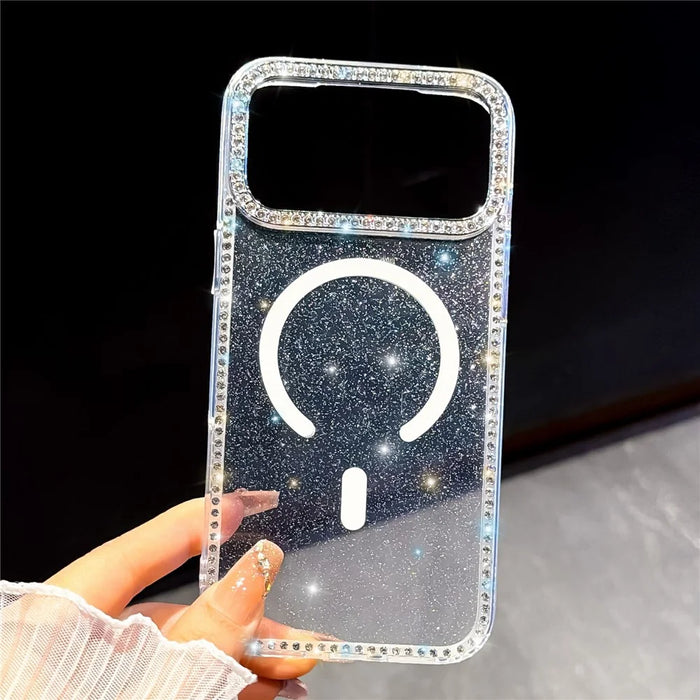 For iPhone 18 Pro / 17 Pro Compatible with MagSafe Rhinestone Edge Glitter Back TPU + PC IMD Phone Cover - Glitter Transparent - 1