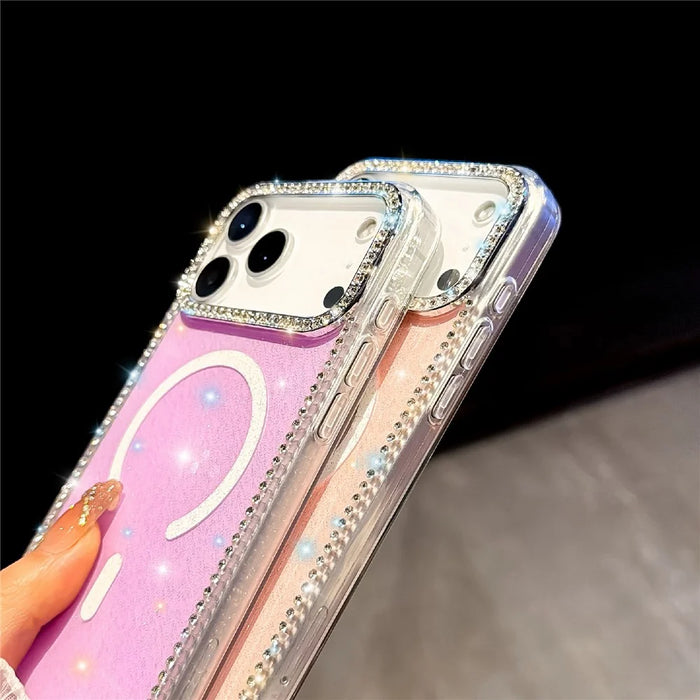 For iPhone 18 Pro / 17 Pro Compatible with MagSafe Rhinestone Edge Glitter Back TPU + PC IMD Phone Cover - Glitter Transparent - 7