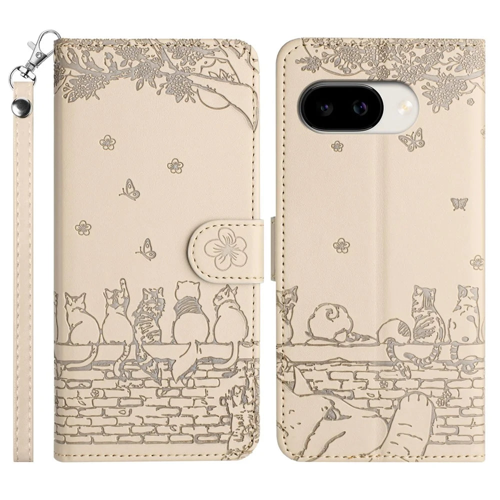 For Google Pixel 10a Case with Wrist Strap Leather Phone Cover Wall Cats Pattern - Apricot - 1