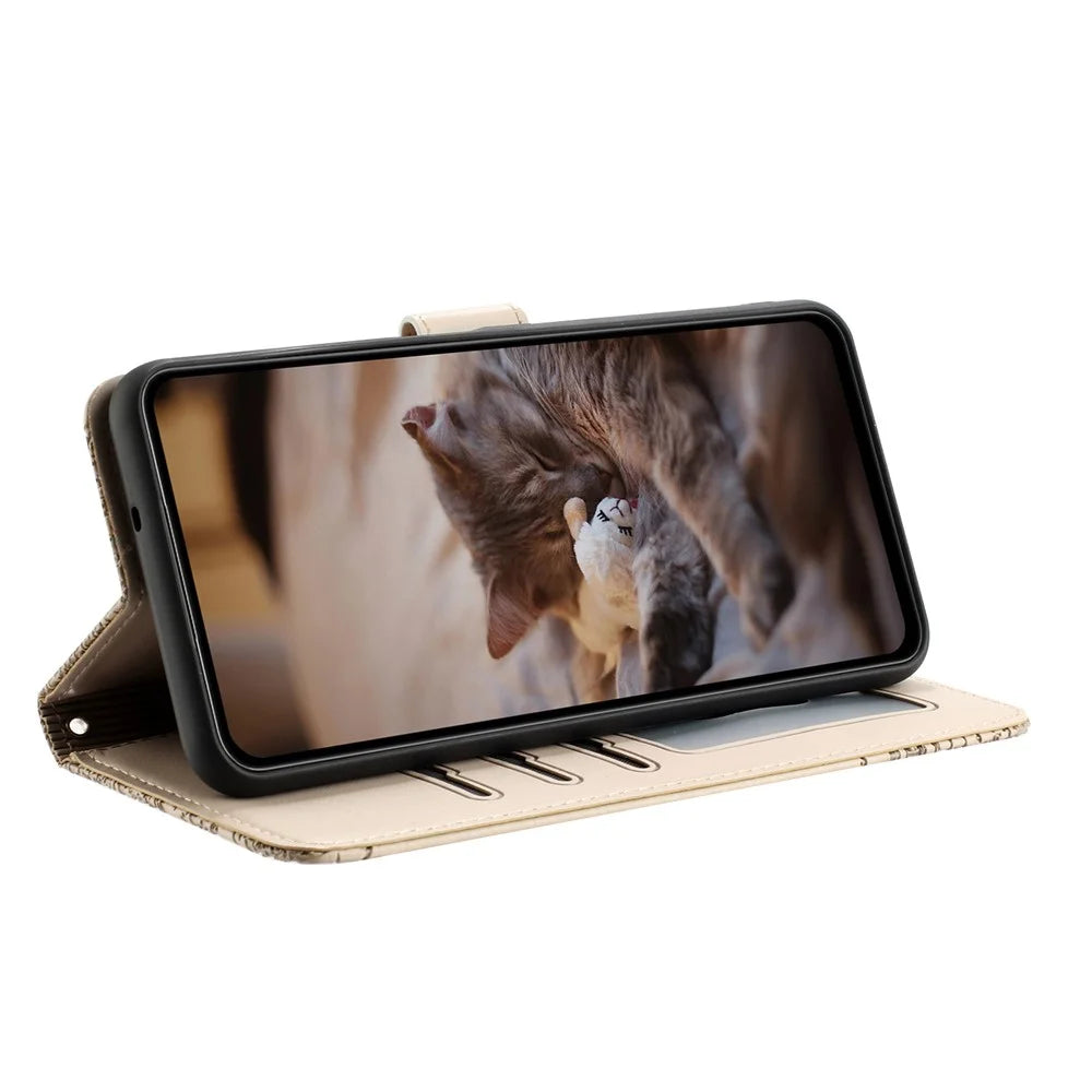 For Google Pixel 10a Case with Wrist Strap Leather Phone Cover Wall Cats Pattern - Apricot - 2