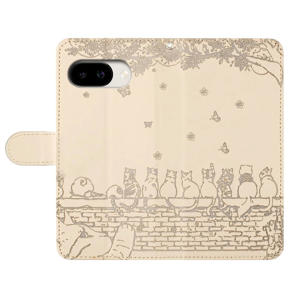 For Google Pixel 10a Case with Wrist Strap Leather Phone Cover Wall Cats Pattern - Apricot - 4