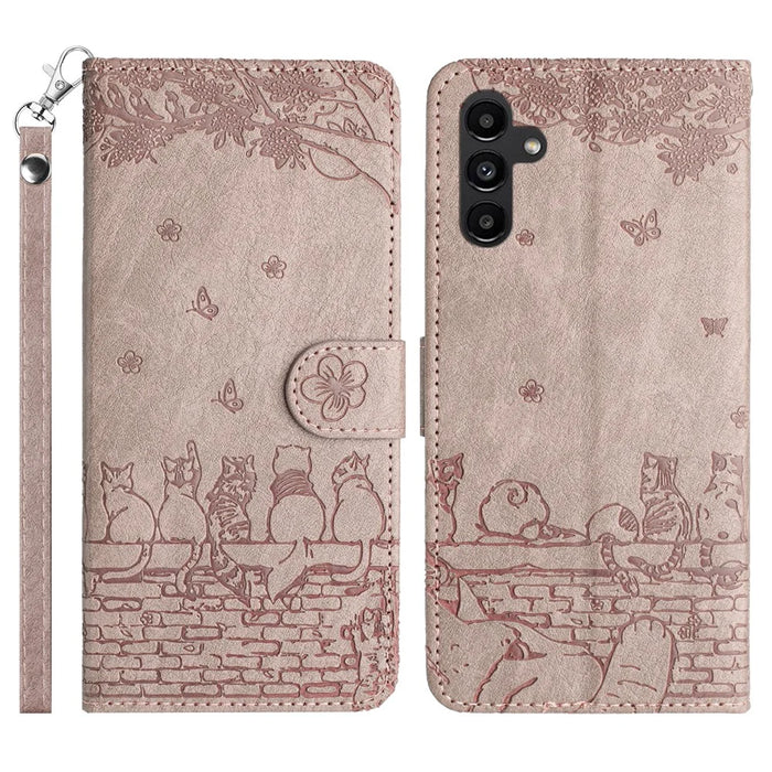 For Samsung Galaxy S26+ Case with Wrist Strap Leather Phone Cover Wall Cats Pattern - Smoky Purple - 1