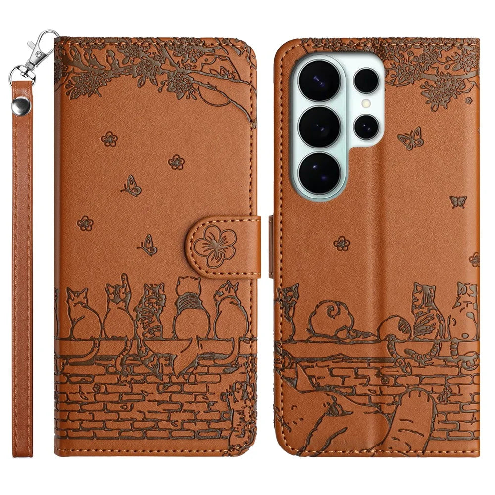 For Samsung Galaxy S26 Ultra Case with Wrist Strap Leather Phone Cover Wall Cats Pattern - Brown - 1