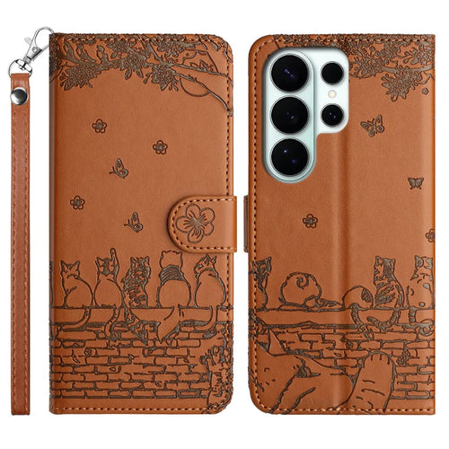 For Samsung Galaxy S26 Ultra Case with Wrist Strap Leather Phone Cover Wall Cats Pattern - Brown - 1