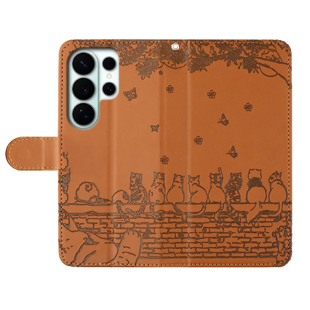 For Samsung Galaxy S26 Ultra Case with Wrist Strap Leather Phone Cover Wall Cats Pattern - Brown - 4