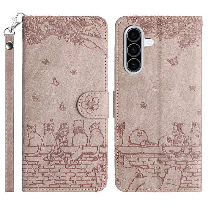 For Samsung Galaxy A57 5G Case with Wrist Strap Leather Phone Cover Wall Cats Pattern - Smoky Purple - 1