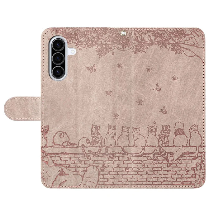 For Samsung Galaxy A57 5G Case with Wrist Strap Leather Phone Cover Wall Cats Pattern - Smoky Purple - 4
