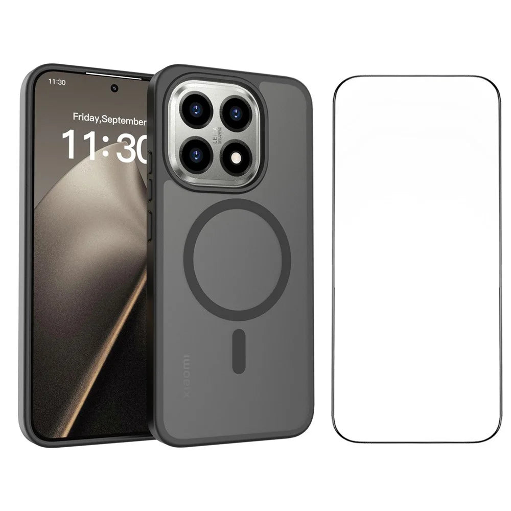 For Xiaomi 15T Magnetic Phone Case Matte Finish TPU PC Shockproof Phone Cover with Tempered Glass - Black - 1