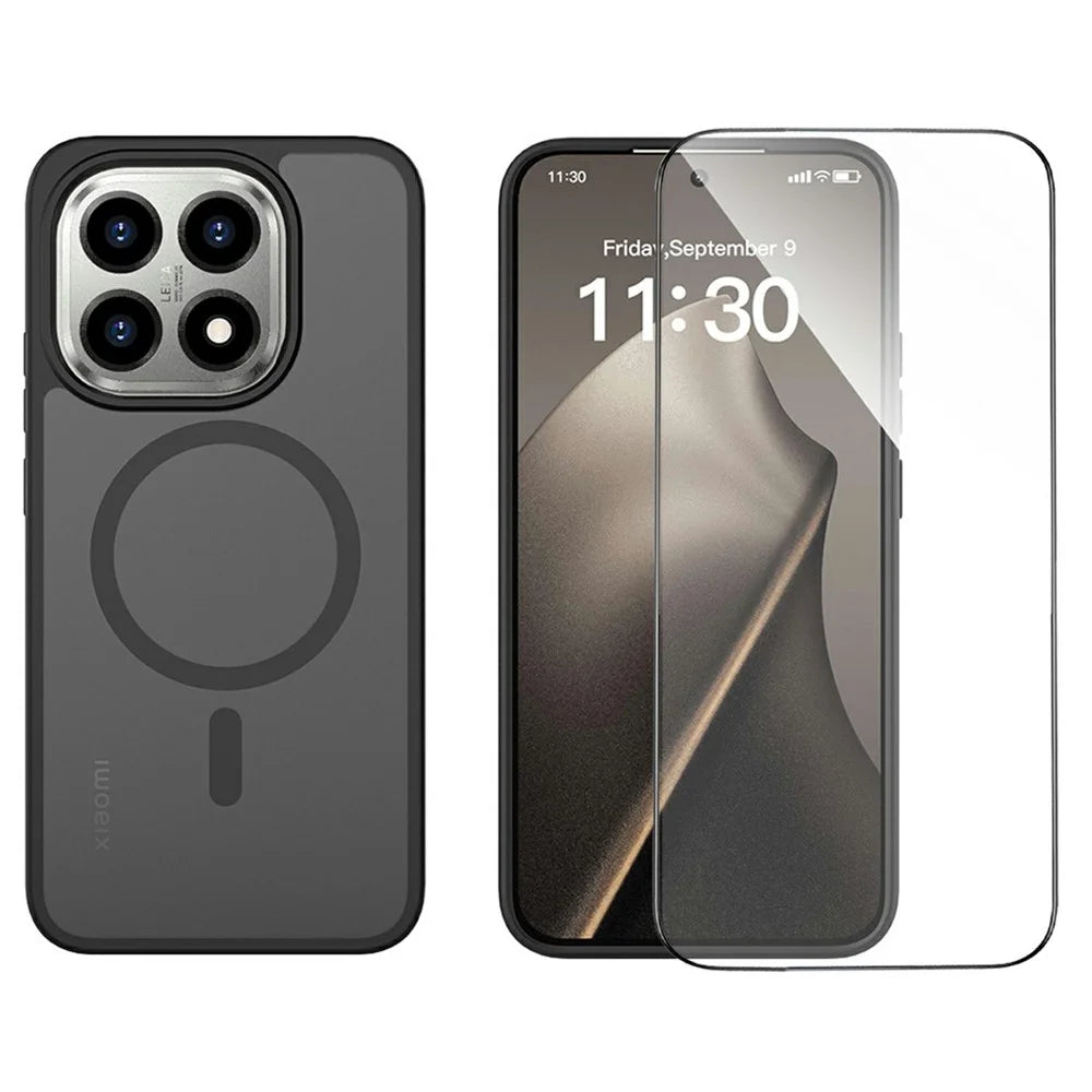 For Xiaomi 15T Magnetic Phone Case Matte Finish TPU PC Shockproof Phone Cover with Tempered Glass - Black - 2