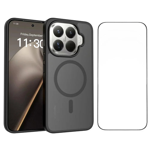 For Xiaomi 15T Pro Magnetic Phone Case Matte Finish TPU PC Shockproof Phone Cover with Tempered Glass - Black - 1