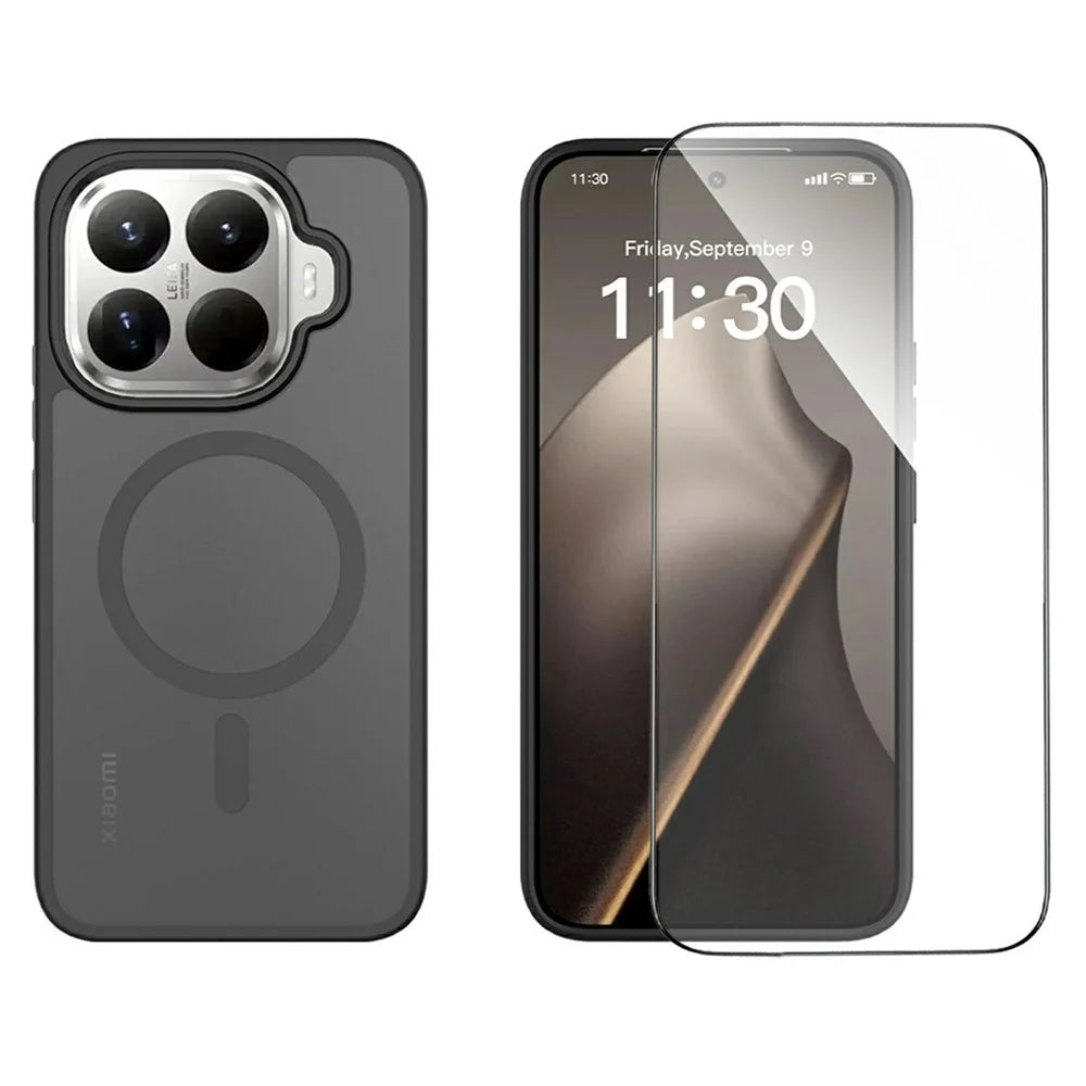 For Xiaomi 15T Pro Magnetic Phone Case Matte Finish TPU PC Shockproof Phone Cover with Tempered Glass - Black - 2