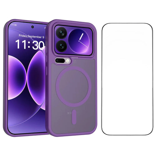 For Xiaomi 17 Pro Magnetic Phone Case Matte Finish TPU PC Shockproof Phone Cover with Tempered Glass - Dark Purple - 1