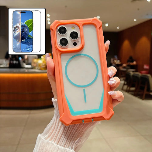 For iPhone 15 Pro Case Compatible with MagSafe Dual Color Design Shockproof Phone Cover with Tempered Glass Film - Orange  /  Blue - 1