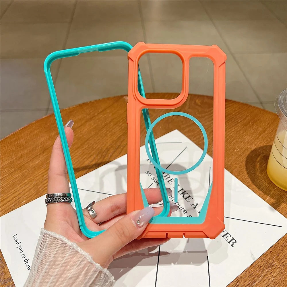 For iPhone 15 Pro Case Compatible with MagSafe Dual Color Design Shockproof Phone Cover with Tempered Glass Film - Orange  /  Blue - 2