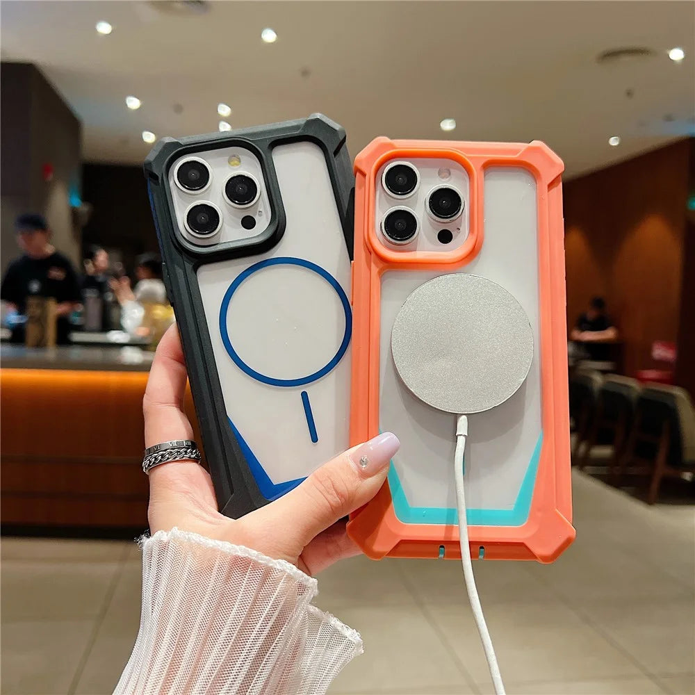 For iPhone 15 Pro Max Case Compatible with MagSafe Dual Color Design Shockproof Phone Cover with Tempered Glass Film - Orange  /  Blue - 5