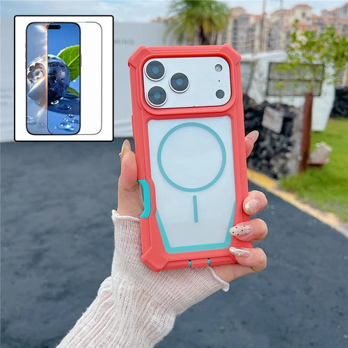 For iPhone 17 Pro Max Case Compatible with MagSafe Dual Color Design Shockproof Phone Cover with Tempered Glass Film - Orange / Blue - 1